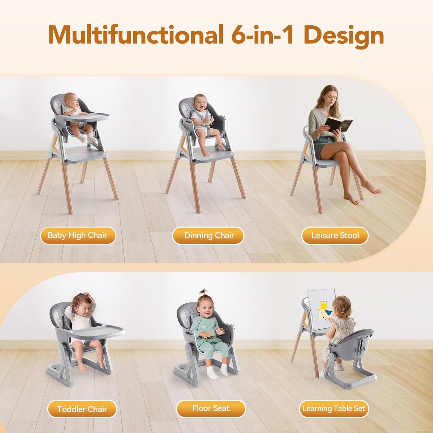 CoziBB Baby High Chair, 6 in 1 Convertible Growing Baby Highchairs for Babies and Toddlers, Baby Chair with Adjustable Dining Tray and Seat, 5-Point Safety Belt, Grey