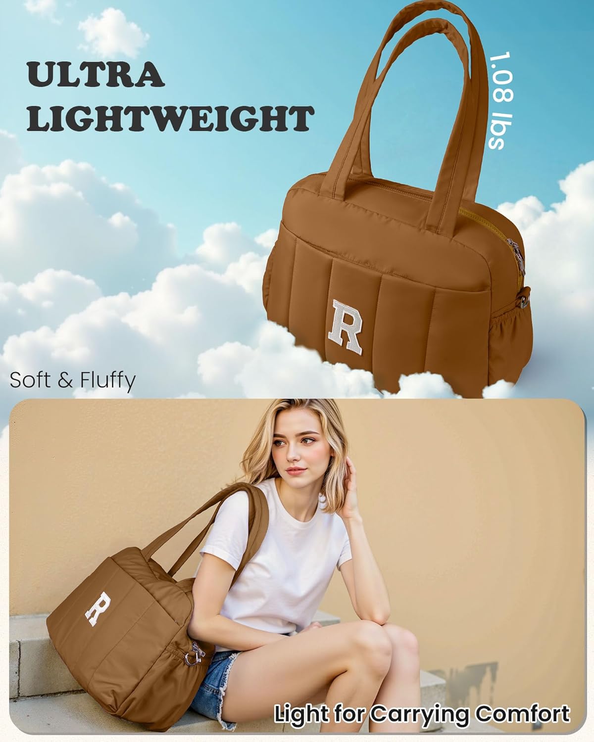 Duffle Bag with Letter, Carry On Bags for Women，Gifts for Her-Overnight Bag with Wet Pocket，Lightweight Travel Bags Personalized Gym Tote with Makeup Pouch