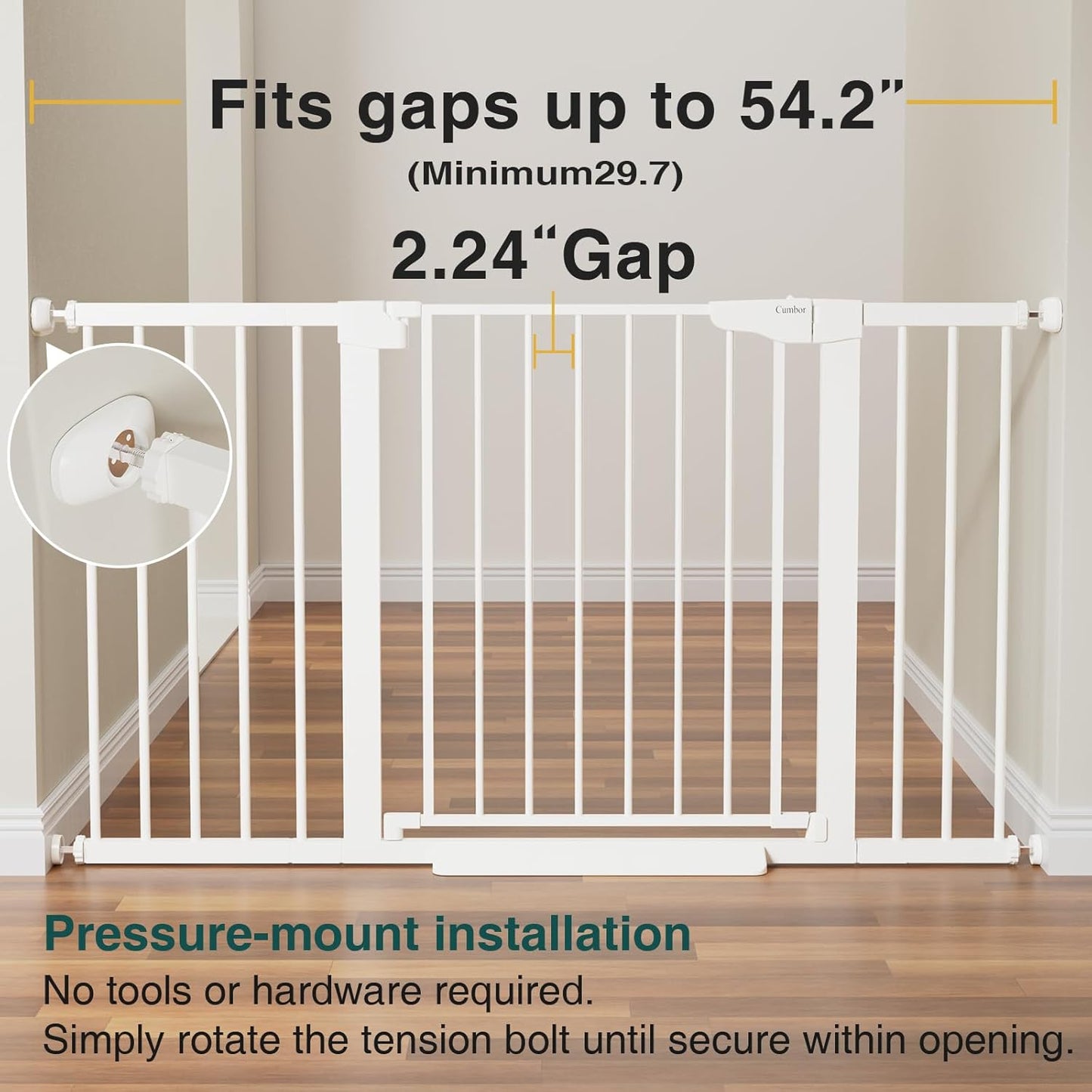 Cumbor 2 Pack 29.7-54.2" Baby Gate for Stairs, Mom's Choice Awards Winner-Auto Close Dog Gate for Doorways, Easy Install Pressure Mounted Pet Gate Indoor, Wide Safety Gate for Dog, White