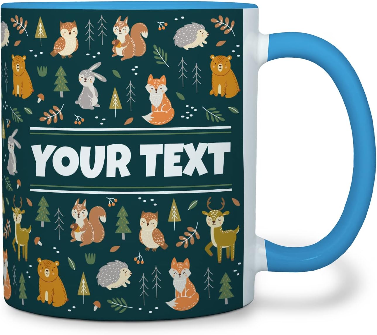 Personalized Mug for Kids - Woodland Animals - Custom Name/Text, Ceramic Hot Chocolate/Coffee Cup for Boys/Girls, Birthday/Christmas/Holiday Gift - 11 oz, Light Blue Handle