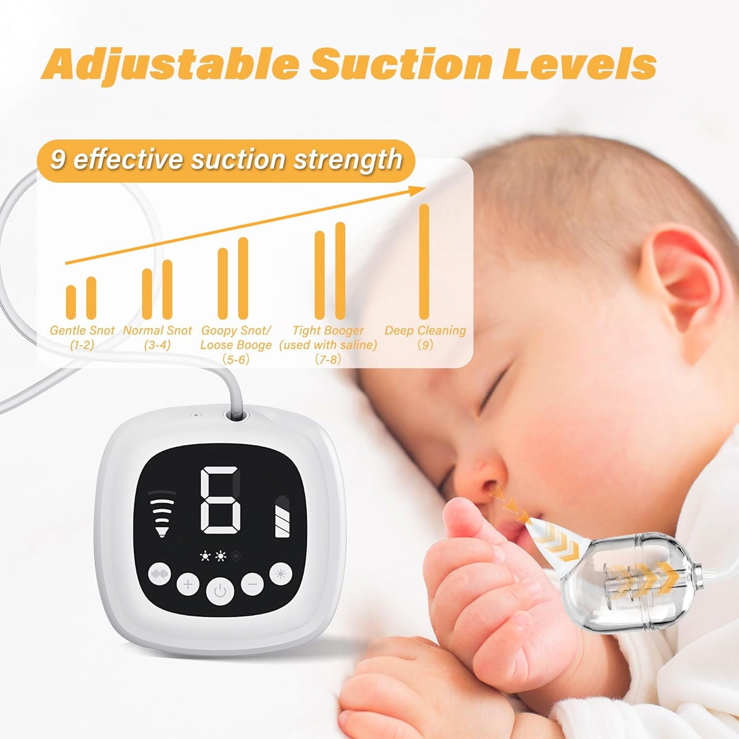 TopQuaFocus Electric Baby Nasal Aspirator, Nose Sucker for Toddler, 9 Levels Suction Power for Children's Nasal Cleans, Soothing Night Light and Nursery Rhyme, 5 Silicone Tips