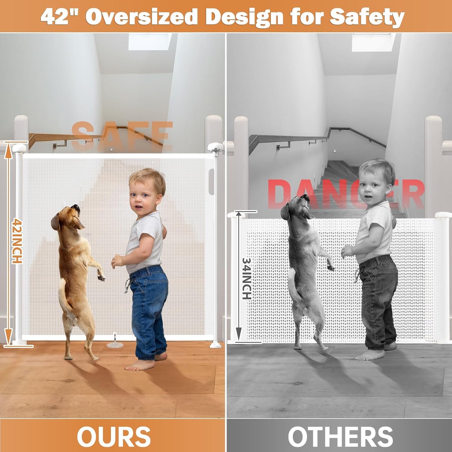 Retractable Baby Gates for Stairs, 78" Extra Wide Retractable Dog Gate with Support Rods for The House, 42" Extra Tall Baby Safety Gates Pet Gate for Doorways, Hallways, Indoor, Outdoor