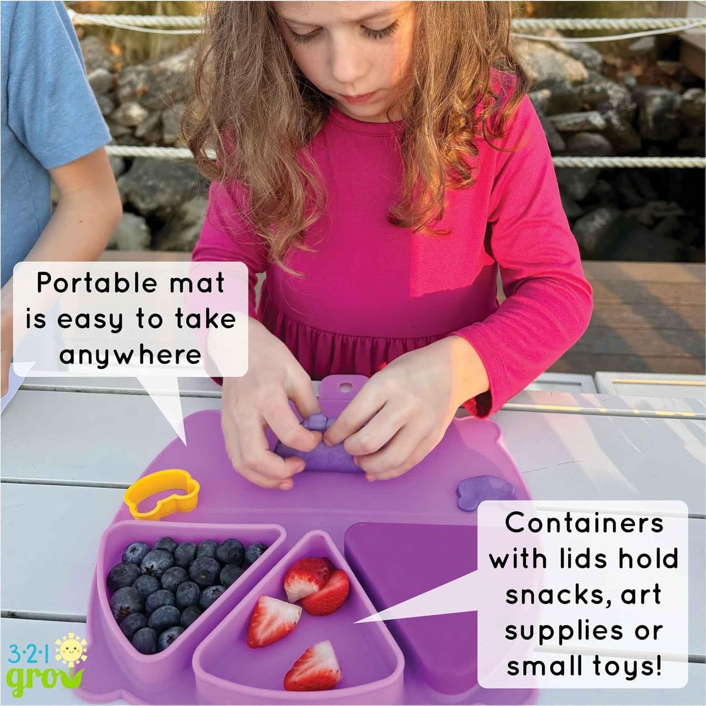 Silicone On-The-Go Snack Mat – Foldable Reusable Placemat with 3 Compartments and Lids – Travel-Friendly Baby and Toddler Snack Plate – Dishwasher Safe (Plum)