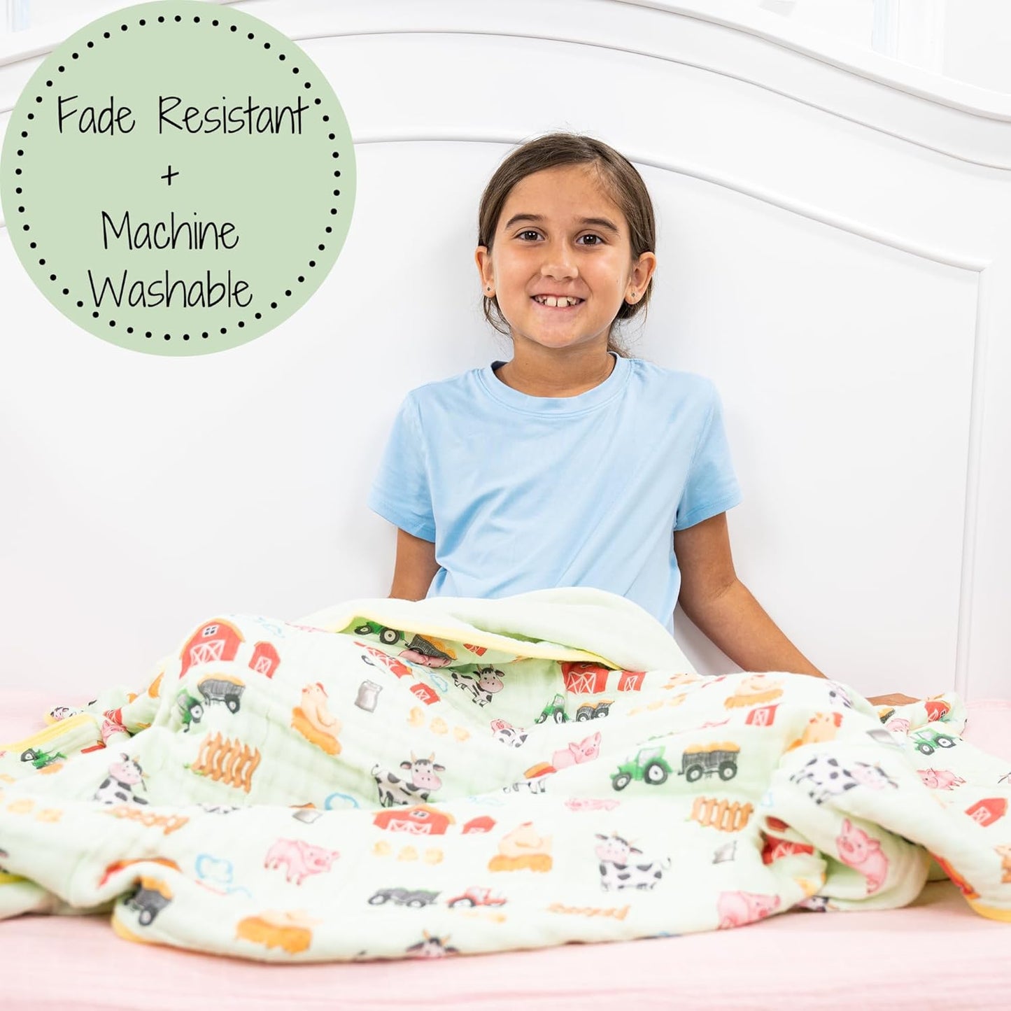 LollyBanks Muslin Baby Blanket 100% Organic Cotton, Muslin Quilt Lightweight, 6 Layers Soft Blanket Neutral, 47"x 47" Toddler Blankets for Girls and Boys, Nursery Receiving Blankets (Farm Theme Print)