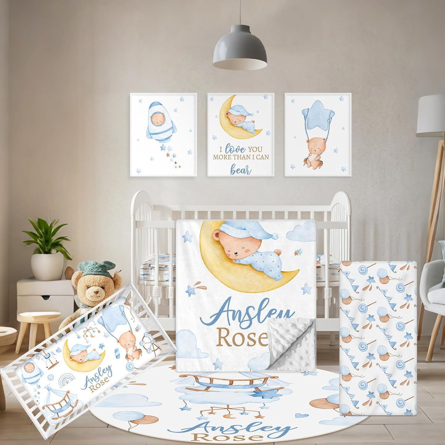 Personalized Baby Crib Bedding Set, 5 Pcs Custom Name Baby Crib Set with Double Layer Blanket, Soft Blue Moon Bear Nursery Bedding Set for Girls Boys, Customized Gifts for Toddlers Infants