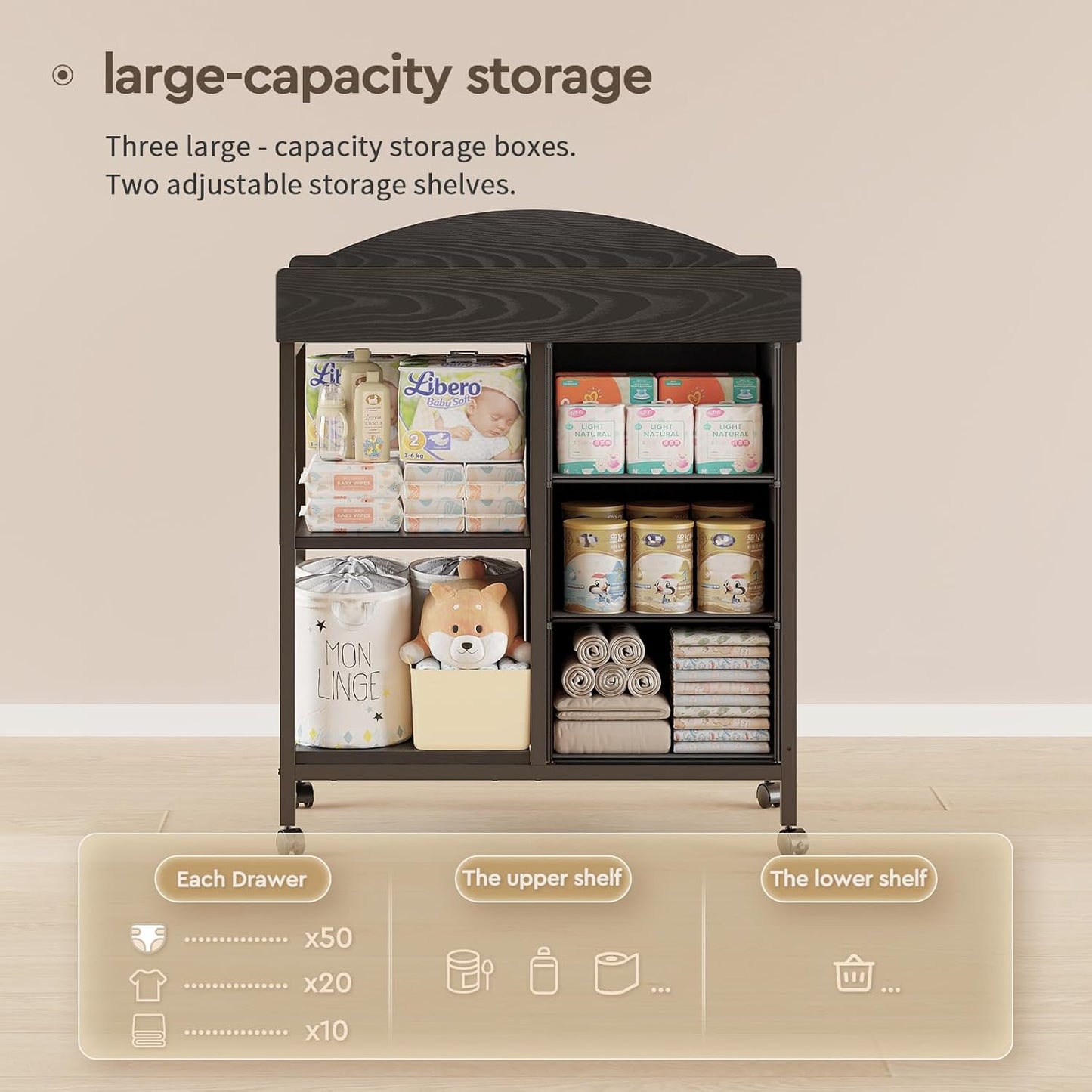 Changing Table Dresser, Baby Dresser with 3 Fabric Drawers and 2 Shelves, Multi-Functional Baby Changing Table with Pad, Classic Nursery Dresser, Diaper Changing Station for Nursery, Black