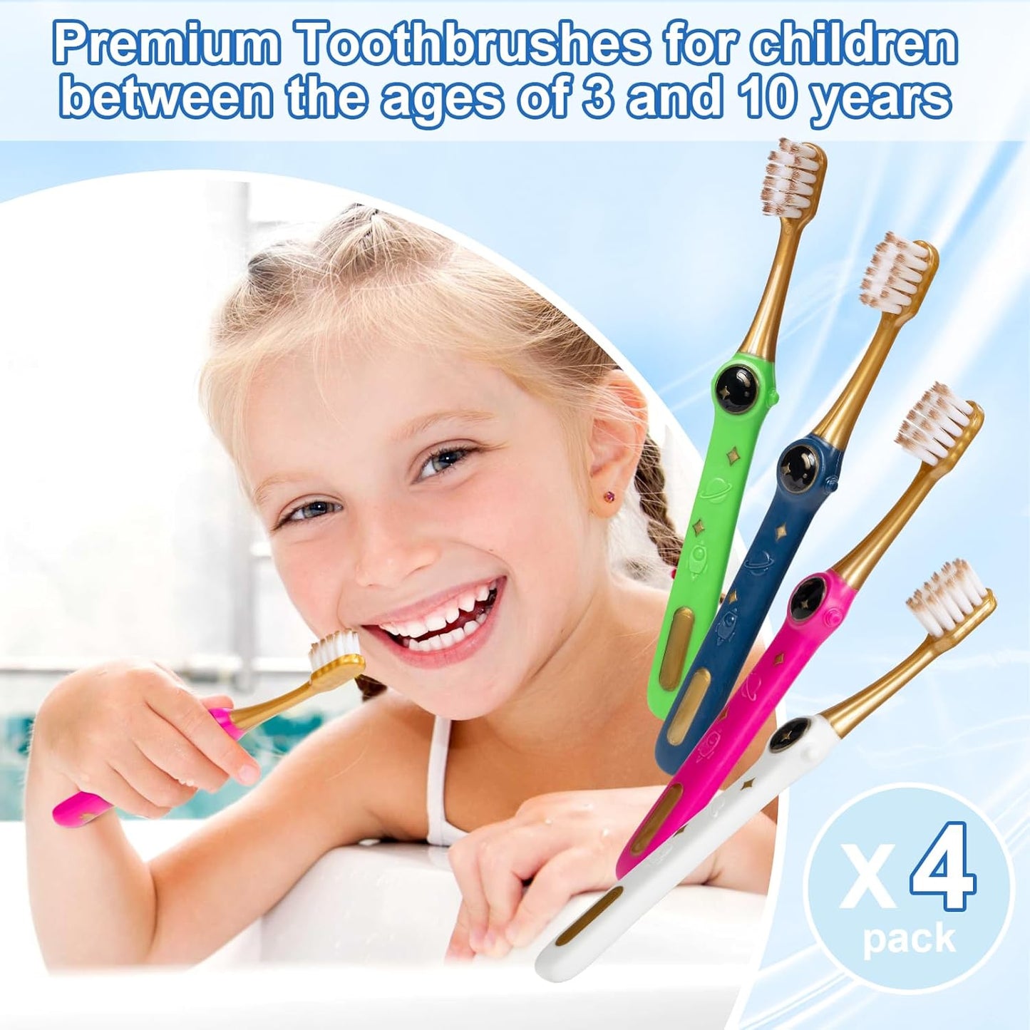 Toddler Toothbrush, Kids Toothbrush, Galactic Adventures Style, Toddler Age 2-4 and Up, Soft Bristles with Caps, Pack of 4