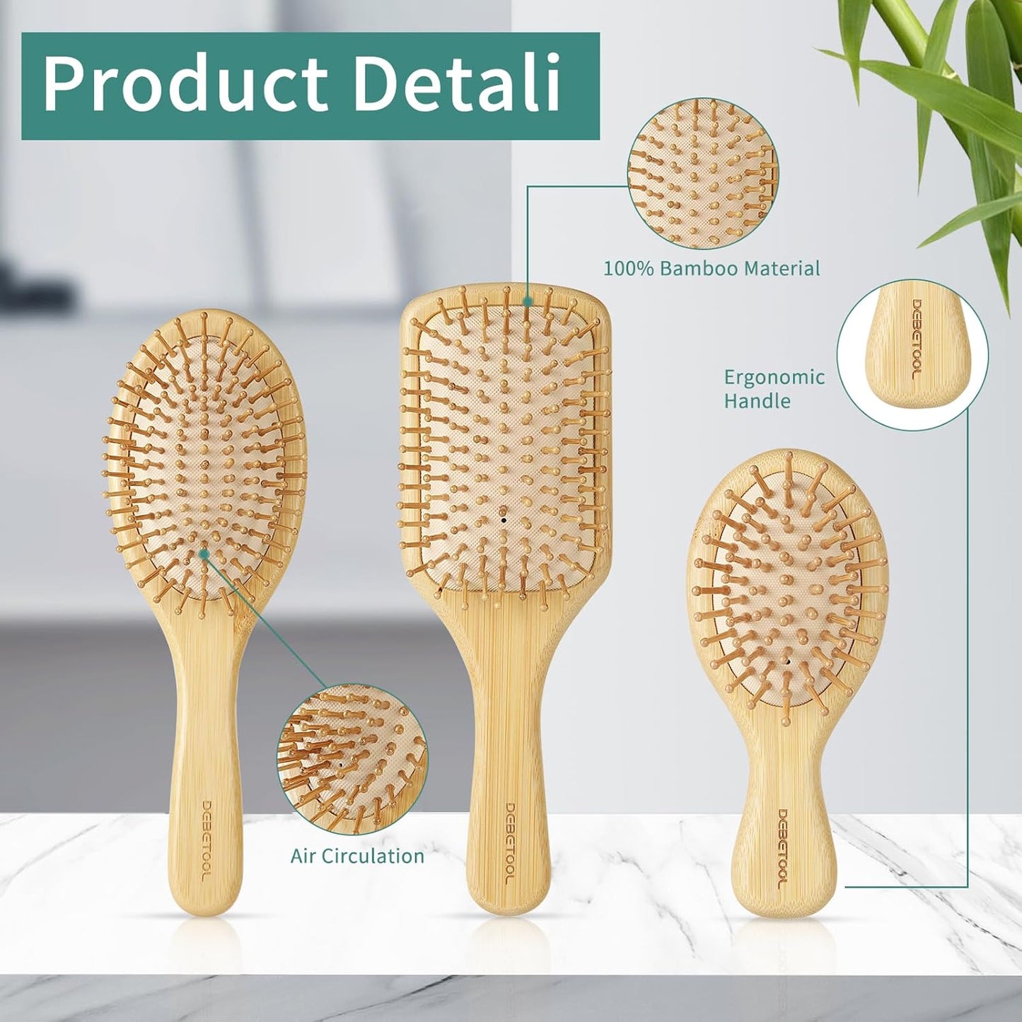 Bamboo Hair Brush Set, Natural Wooden Bamboo Comb Paddle Detangling Hairbrush for Hair Growth - Wide-tooth and Tail Comb Suitable for Thick/Thin/Curly/Dry Hair
