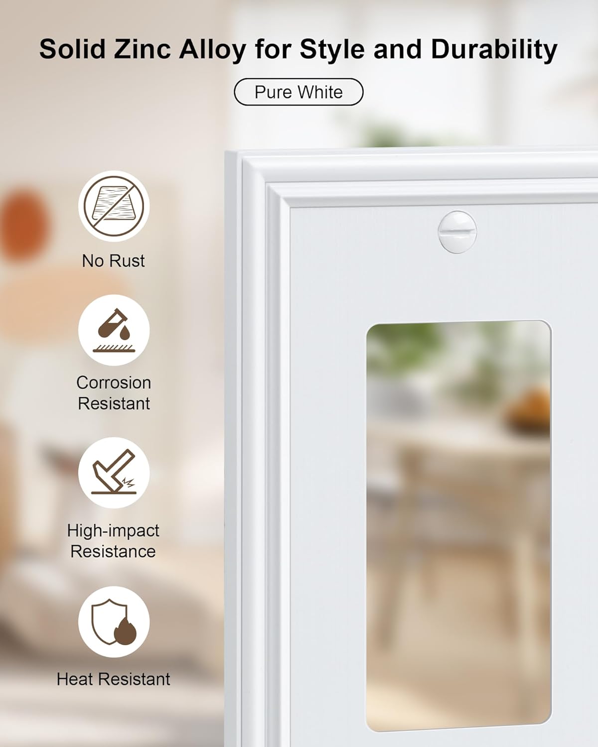 4-Pack Decorator Outlet Cover Plate, Pure White Decorative Switch Plates and Outlet Covers, Durable Zinc Alloy Wall Plates for Electrical Outlets, Receptacle, GFCI Outlet, Dimmer Switch