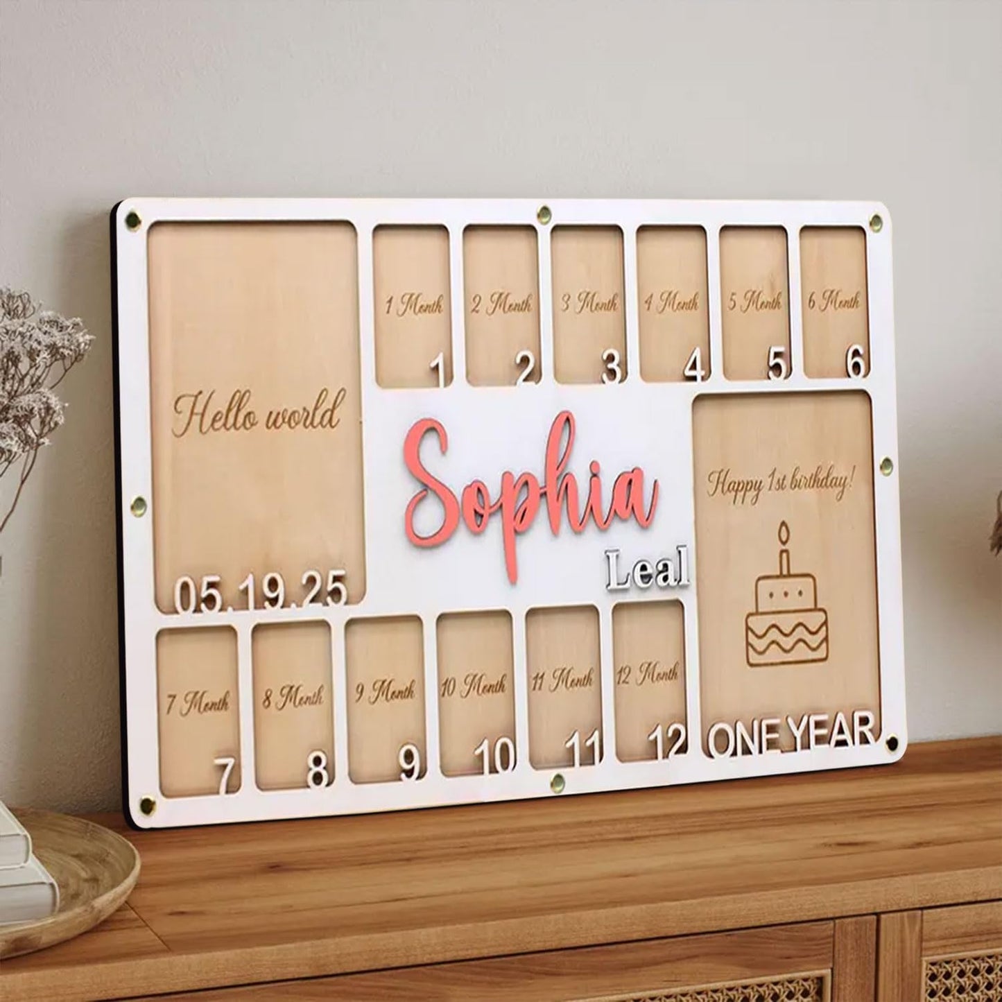 Personalized My First Year Photo Frame | Hello World To Birthday 12 Months Picture Frame For Baby First Year | Displays Two 4x6 Photo and Twelve 2x3 Pictures | Birthday Party Memory Keepsake