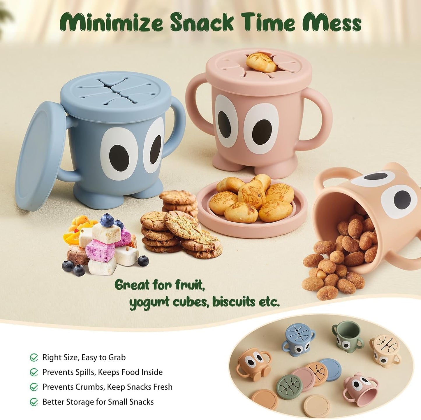 Silicone Snack Cups Food Container for Toddlers and Babies, Spill Proof Training Cup with Snack Cup Lid & Dust Proof Lid, Comes with a toy strap, Without BPA, Lead, or Phthalates（Gray & Beige）