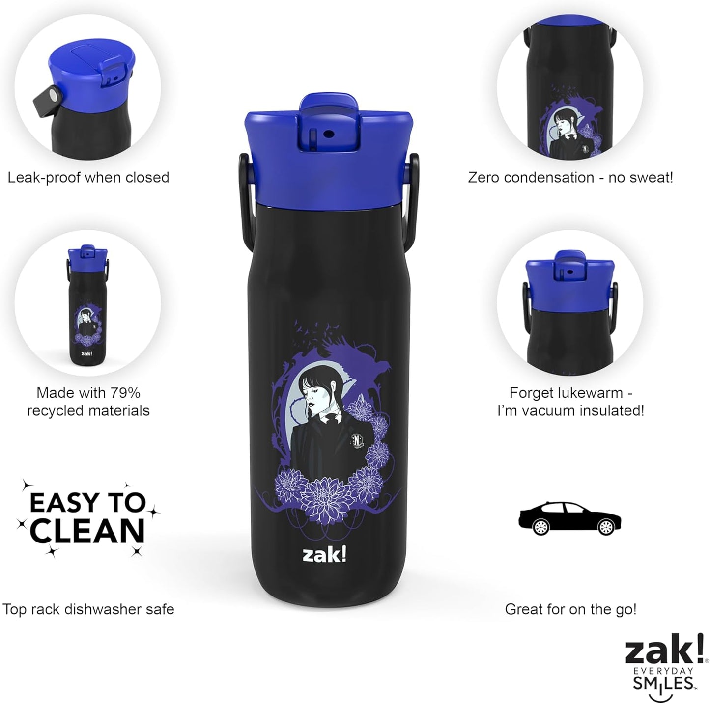 Zak Designs Harmony Wednesday Water Bottle for Travel or At Home, 20oz Recycled Stainless Steel is Leak-Proof When Closed and Vacuum Insulated with Straw Lid and Carry Handle (Wednesday Addams)