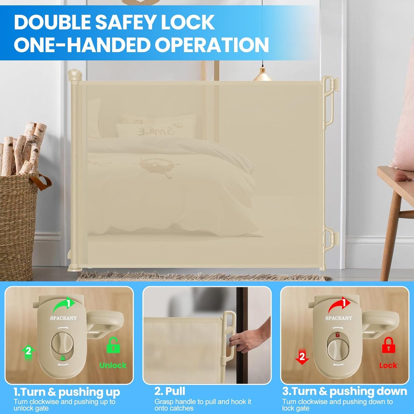 Retractable Safety Baby Gate or Mesh Dog Gate,Durable Portable Mesh Retractable Gate,Easy to Use for Stairs, Doorways, Hallways, Indoor, Outdoor, 33.5" Tall, Up to 65" Wide, Cream