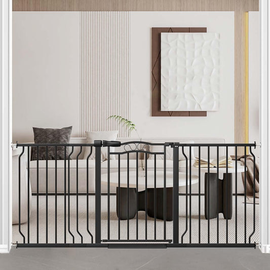 Fairy Baby 62.5"-71.6" Extra Wide Long Pet Dog Gate for The House, Baby Safety Child Gate for Stairs Doorways Garden, Pressure Mounted Toddler Gate, Metal Auto Close Large Pet Gate Walk Thru, Black
