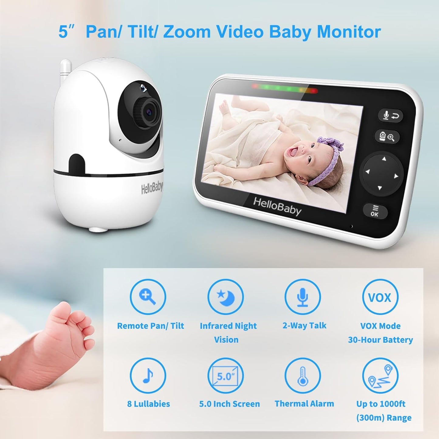 HelloBaby No WiFi Baby Monitor 5" Screen 30-Hour Battery Pan-Tilt-Zoom Video Upgrade with Camera and Audio, Night Vision, VOX, 2-Way Talk, 8 Lullabies and 1000ft Range