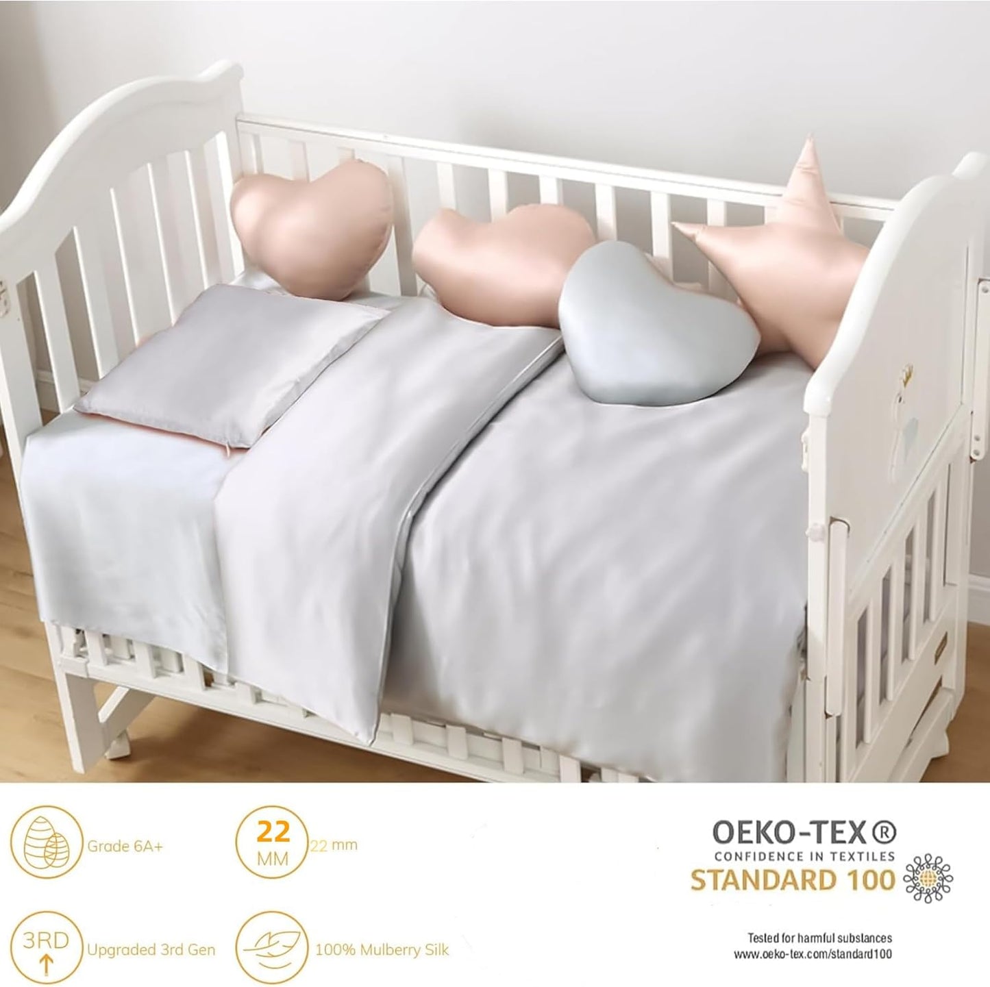 Organic Silk Baby Pillowcase with Zipper, Small 10"x13" Pillow Cover for Boys & Girls, Ideal for Bed & Travel, Soft for Kids Hair & Skin, Hypoallergenic Pillowcases for Toddlers (Grey+Pillow)