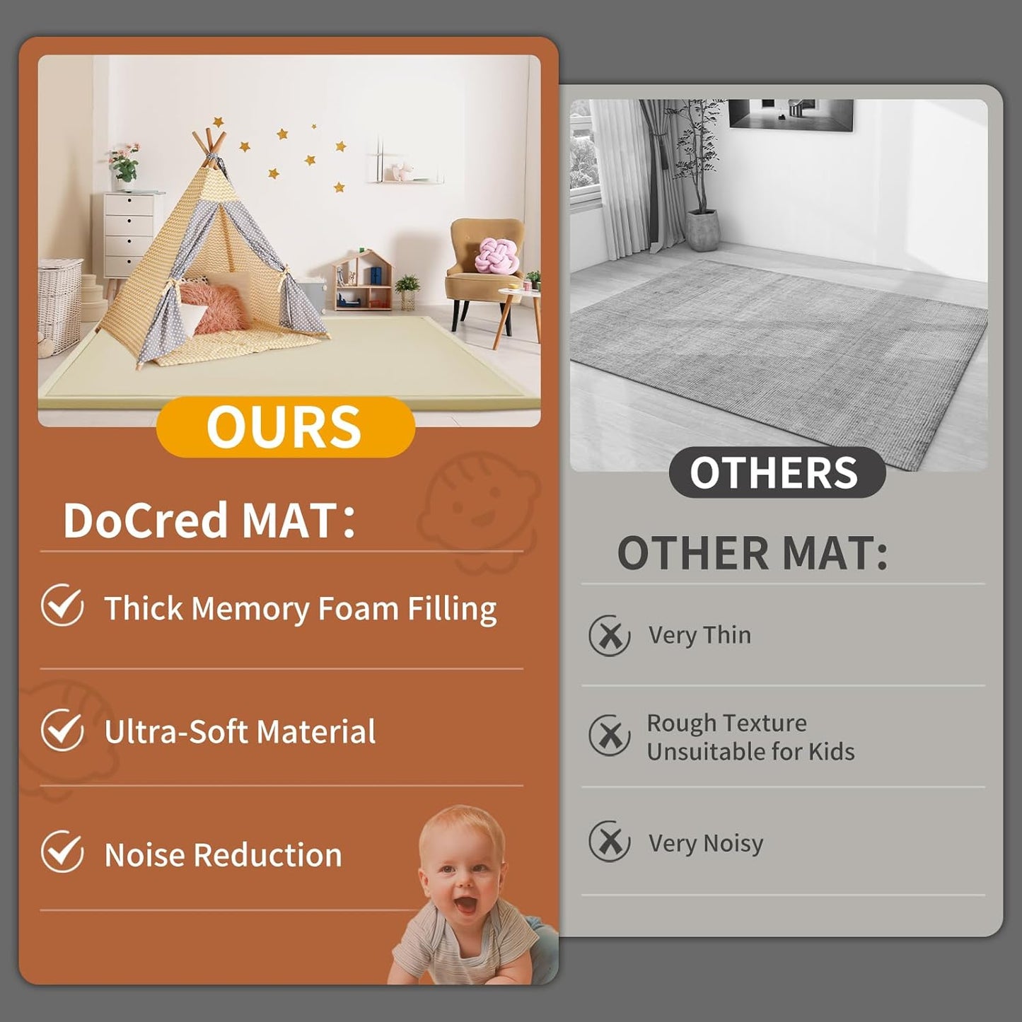 Baby Play Mat for Floor - 1.4" Thick Memory Foam Rug, 70"x59" Playpen Tummy Time Mat, Soft Velvet Nursery Rug, Large Padded Crawling Mat, Cushioned Pads for Playroom Toddlers, Infants, Yoga, Tatami