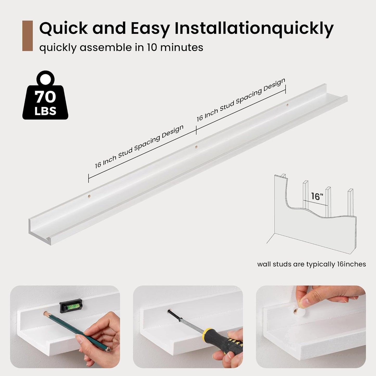 Picture Ledge Shelf, Solid Pine Wood Floating Shelves Set of 2, 48 Inches Nursery Book Shelves for Toys Storage, Kids Bookshelf Wall Mounted for Living Room Bedroom Decor Books Photo Frames, White