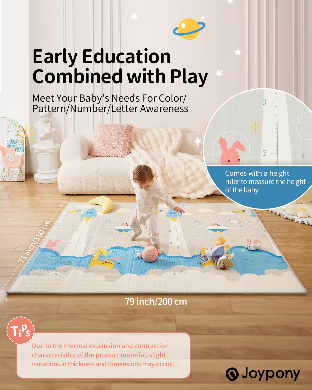 Baby Play Mat 79x71x0.6 inches, Fabric Cloth Surface Extra Large & Thick Foldable Play Mats for Baby Girls Boys, Waterproof & Anti-Slip Portable Baby Floor Mat for Tummy Time with Travel Bag