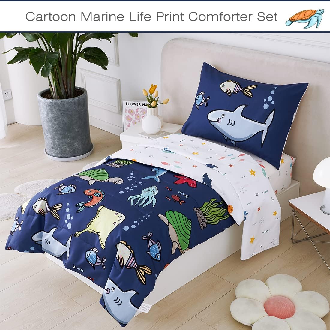 PERFEMET 4 Pieces Toddler Bedding Ocean Animal Printed Toddler Comforter Set Reversible Lightweight Cartoon Bed in A Bag for Toddler Boys Girls(Navy Blue, Sharks/Dolphins/Fish)