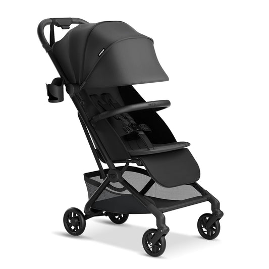 Mompush Velo Lightweight Travel Stroller – One-Hand Fold, Ultra-Compact & Airplane Friendly, Lie-Flat Recline Seat (from Birth to 50 lbs), Includes Cup Holder, Shoulder Strap, and Leather Bumper Bar