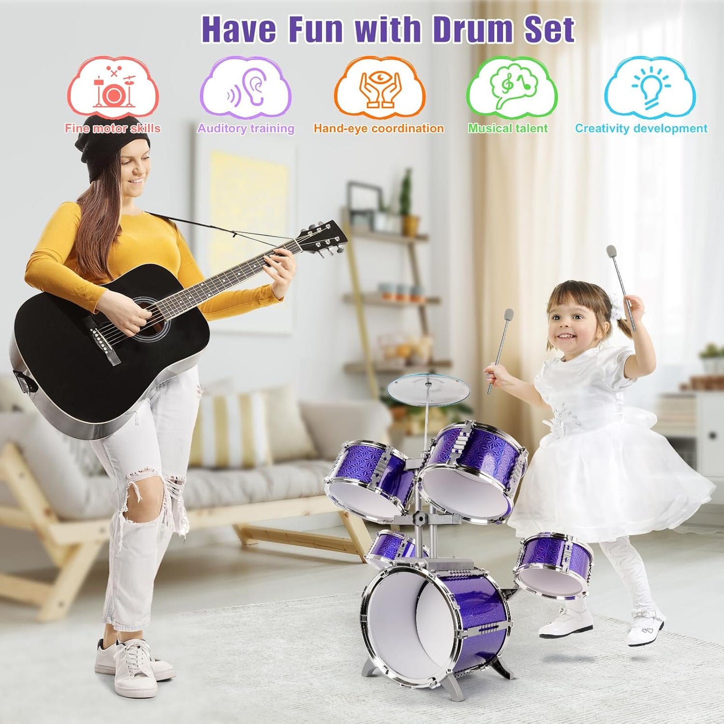 M SANMERSEN Kids Toys Jazz Drum Set - Upgraded Rock Drum Kit with Stool Musical Instruments Educational Birthday Christmas Toys Gifts for Toddlers Child Boys Girls Aged 3 4 5 6 7 8 Year Old