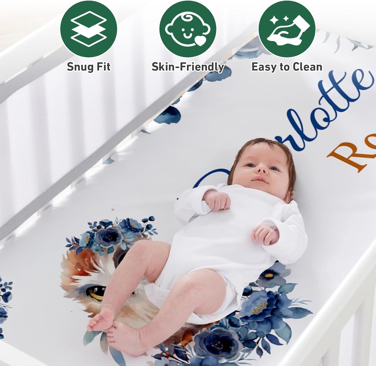 Personalized Baby Crib Bedding Set - Custom Name Owl Pattern 3 Pcs Set - Soft Blanket with Double Layer Dotted Backing, Fitted Sheet, Room Rug for Newborns Boys Girls Shower Gift