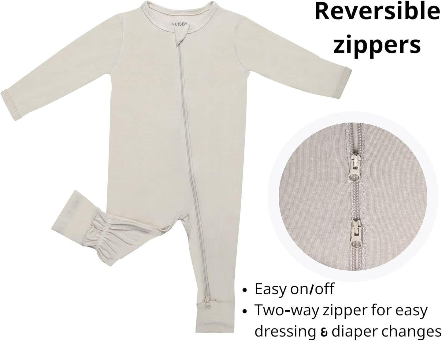 GUISBY Baby Pajamas with Mitten Cuffs - 3Pcs Girls Boys 2 Way Zipper Long Sleeve Rayon Sleepers