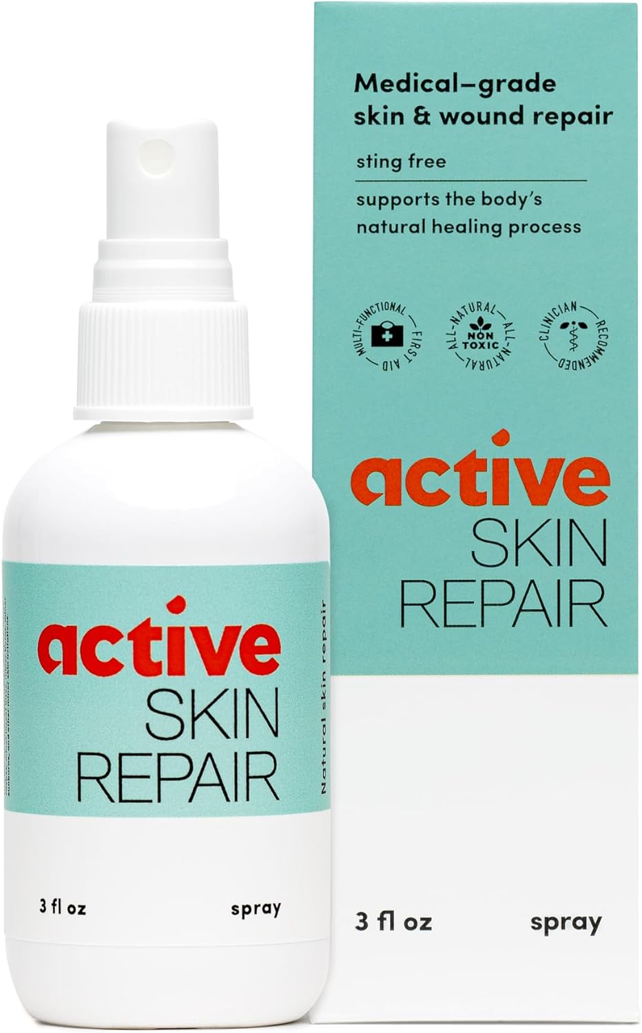 Active Skin Repair First Aid Healing Skin Spray - Natural & Non-Toxic with Hypochlorus Acid for Minor Cuts, Wounds, Scrapes, Rashes, Sunburns, & More, 3 oz