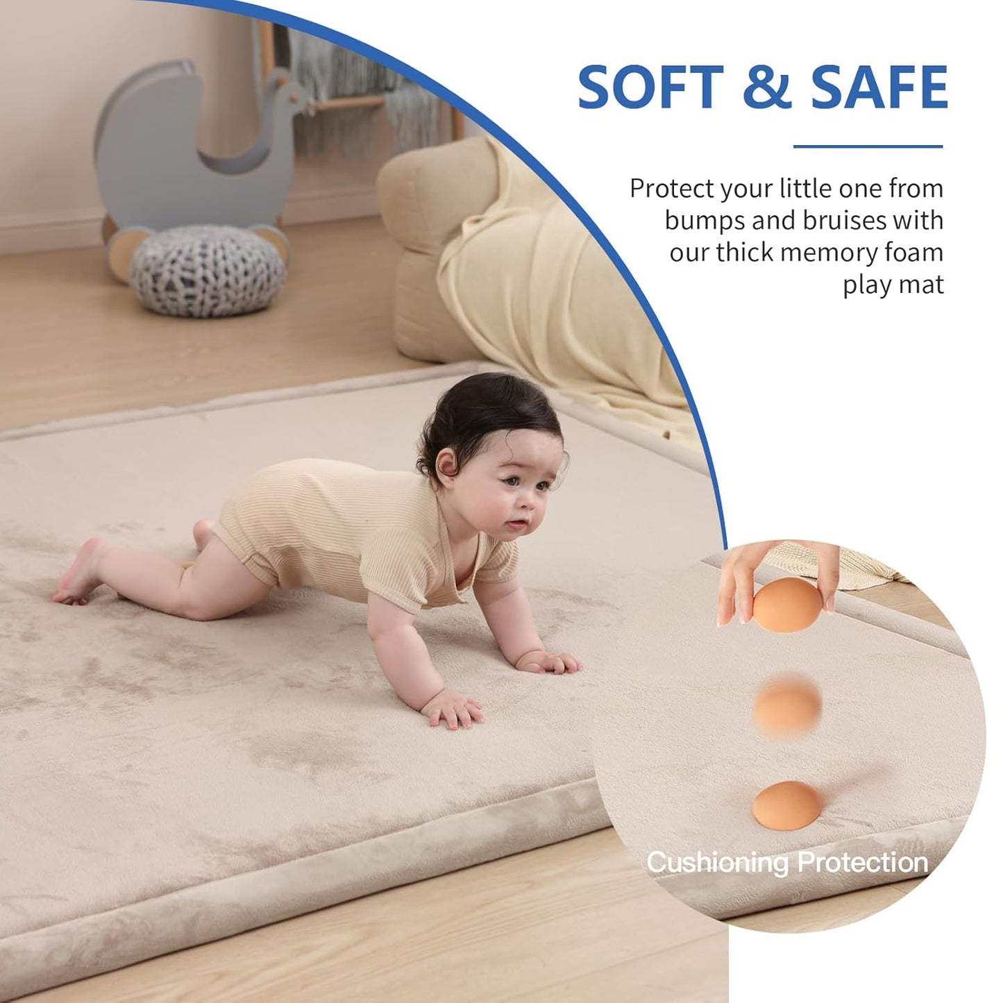 Baby Play Mat for Floor,1.3" Thick Memory foam Tummy Time Mat,79"×158“ Extra Large Soft Coral Velvet Nursery Rug,Non Slip Safe for Crawling,Toddlers,Infants,kids,Tatami Style for Living Room(Beige)