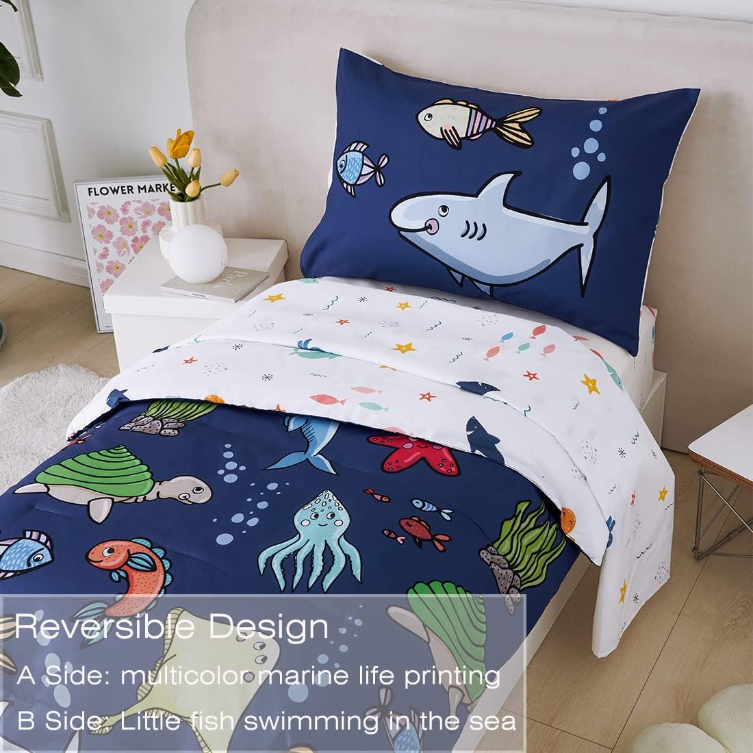PERFEMET Kids Comforter Sets Boys Full Size-5 Piece Bed in A Bag Navy Blue Ocean Themed Comforter-Soft Reversible Cartoon Fish Shark Bedding Set for Girls Teens(Navy Blue, Ocean)