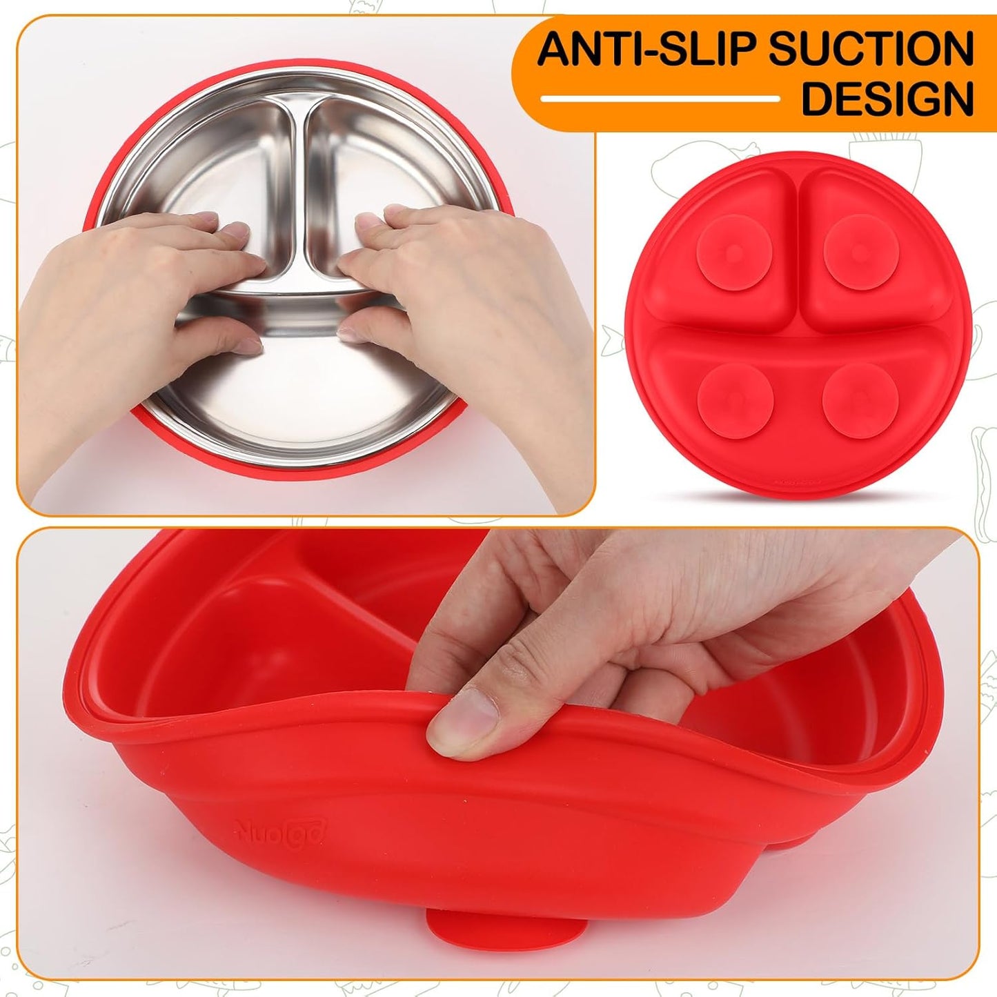 Nuogo 2 Pcs Stainless Steel Baby Suction Plates with Removable Silicone Shell 2-in-1 Metal Toddler Bowl Divided for Picky Eaters Kids Feeding Led Weaning Supplies, Dishwasher Safe (Orange,Red)