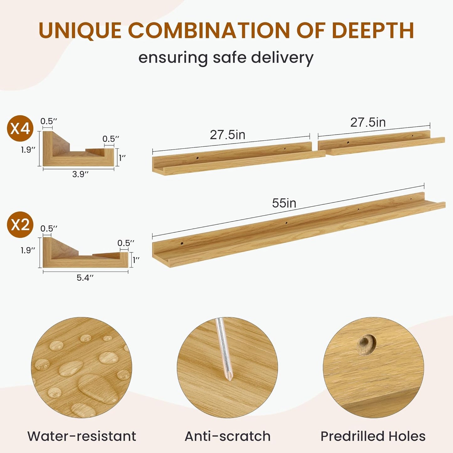 Axeman Picture Ledge Shelf, Floating Shelves for Wall Decor Storage Set of 6, 55 inch Floating Wall Mounted Shelves, Shelves with Lip for Living Room, Bedroom, Nursery, Bathroom, Kitchen, Oak