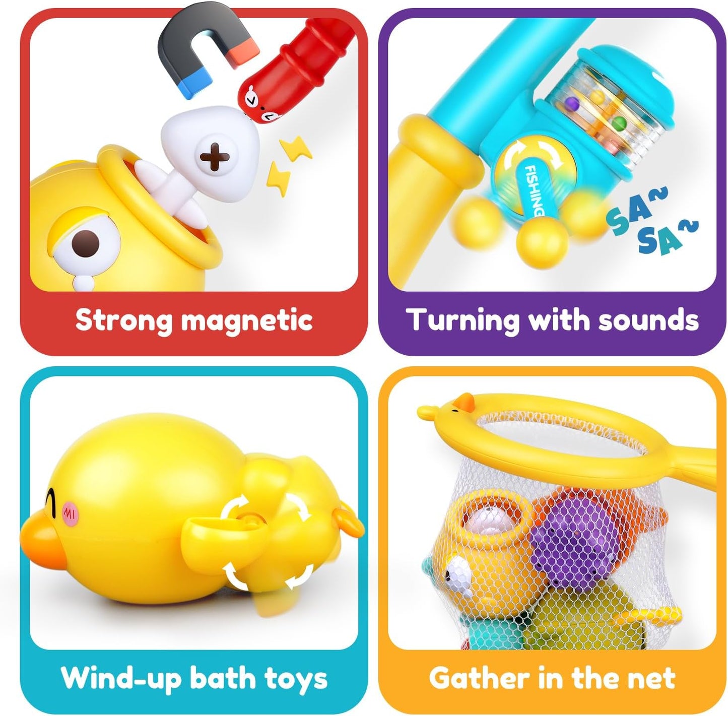 Baby Bath Toys for Kids Ages 1-3, Magnetic Fishing Games with Floating Bathtub Wind-Up Toys & Fishing Net, Fishing Rod Water Pool Toys for Toddlers 1-3