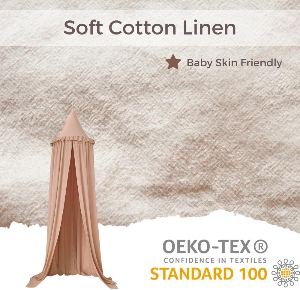 Wonder Space Kids Bed Canopy with Ruffles, Pastel Neutral Color for Boys & Girls, Frilled Cotton Tent Nursery Room Baby Crib Hanging Curtain Mosquito Netting Children Reading Nook Decoration (Nougat)