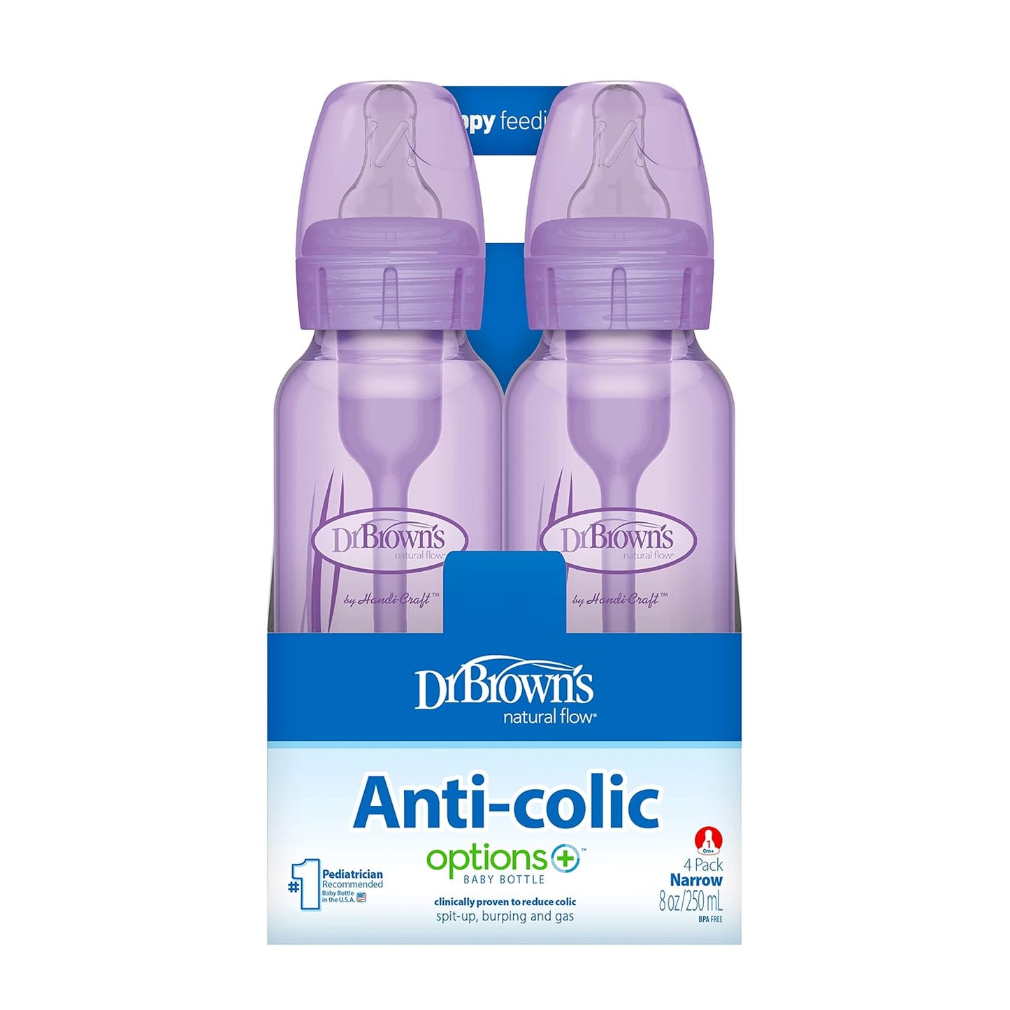 Dr. Brown’s Natural Flow® Anti-Colic Options+™ Narrow Baby Bottles, 8 oz/250ml, with Level 1 Slow Flow Nipple, 4 Pack, Purple/Clear