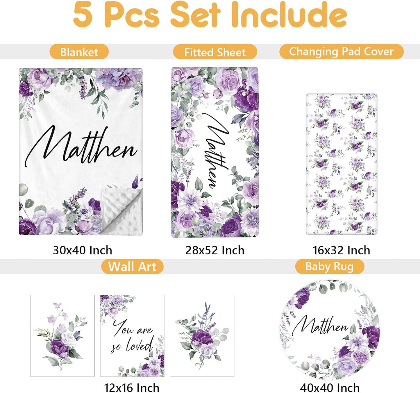 Personalized Baby Bedding Set - 5 Pcs Custom Toddlers Bedding Set with Infant Name - Soft Double Layer Nursery Crib Set for Girls Boys - Customized Infant Gifts for Baby Shower - Purple Flowers
