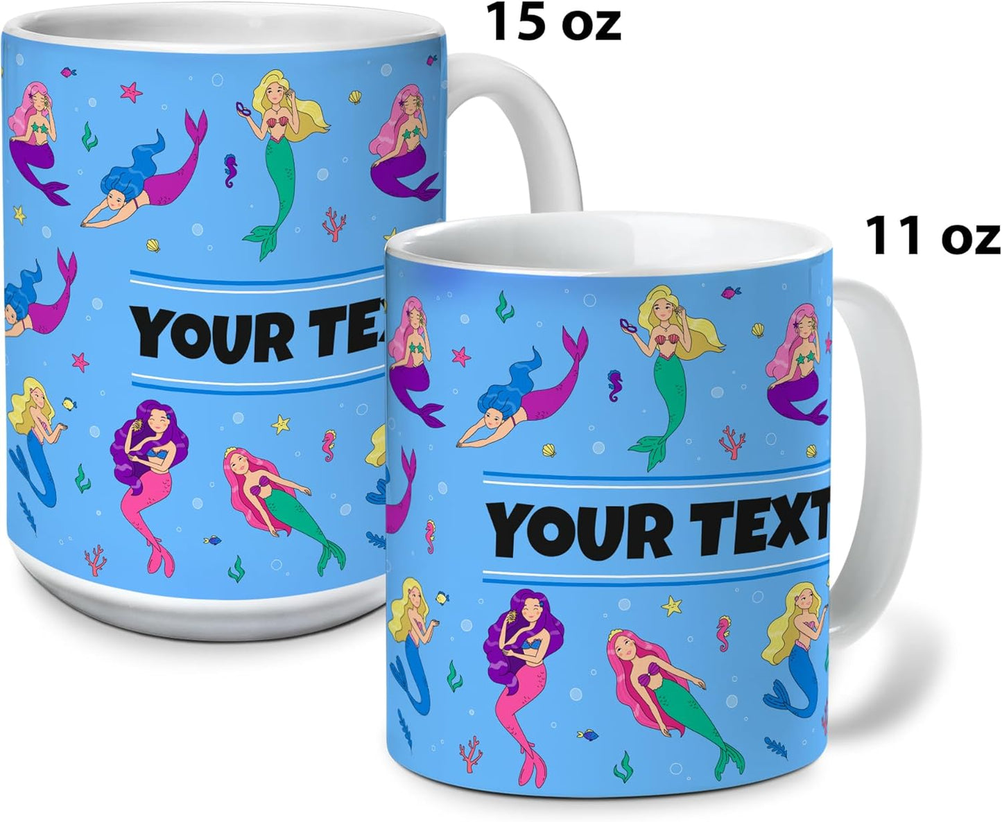 Personalized Mug for Kids - Mermaids - Custom Name/Text, Ceramic Hot Chocolate/Cocoa/Coffee Cup for Girls, Birthday/Christmas/Holiday Gift - 11 oz, Light Blue Handle