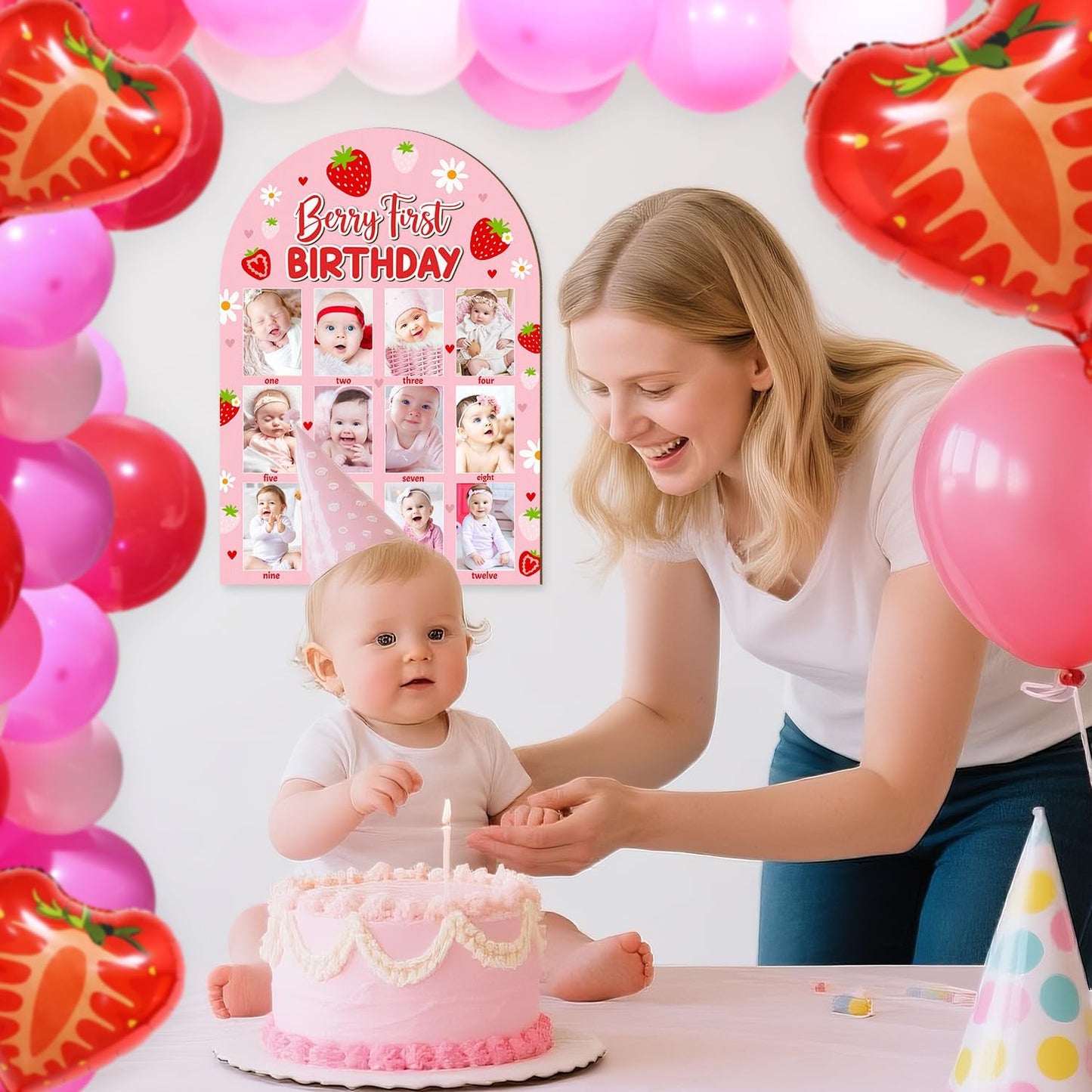 R HORSE 3D Berry First Birthday Wood Photo Display Board, Pink Strawberry Baby's First Year Picture Frame, 1-12 Months Milestone Board Birthday Decorations Keepsake Gift for Baby Girls Nursery Decor