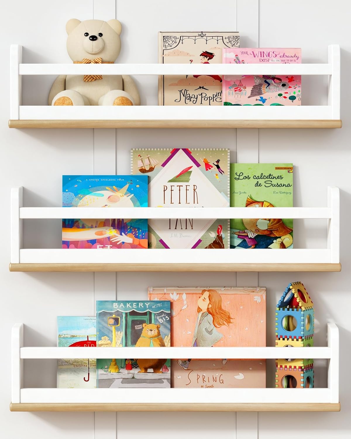 Nursery Floating Book Shelves for Wall, 24 Inch Long Wall Bookshelf for Kids Room, White and Natural Wood Baby Toddler Child Hanging Bookshelves for Kids Bathroom Bedroom (Upgraded Set of 3)