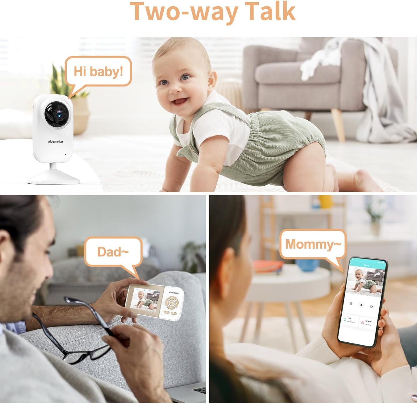 ebemate Video Baby Monitor Camera with 2 Camera,2.8" LCD Screen Video & Audio No Glow Night Vision,2-Way Talk Audio Cam Baby Monitoring 1200FT Range EBE28-2