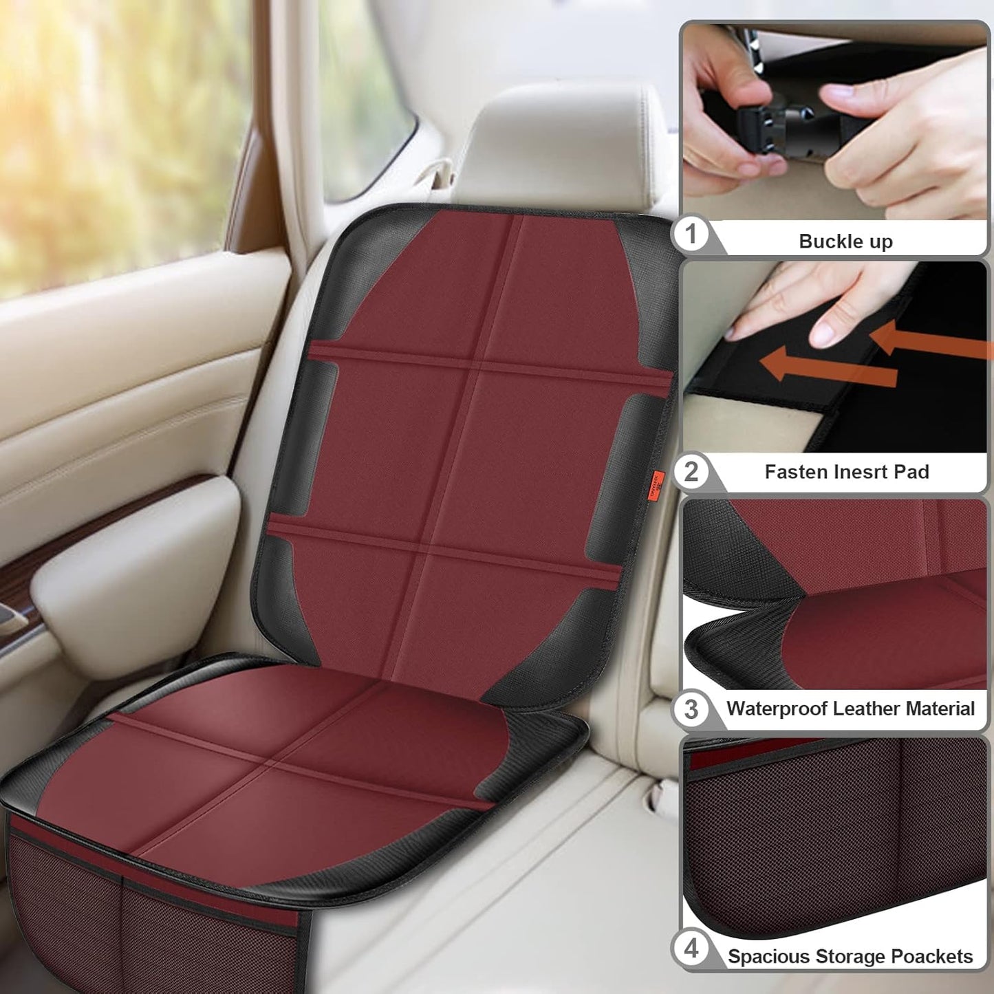 Car Seat Protector,2 Pack Automotive Seat Protectors Baby Carseat Pad Waterproof Durable 600D Fabric for Child Baby Car Seat Mat Vehicle Pet Cover 2 Storage Pockets (Wine Red)