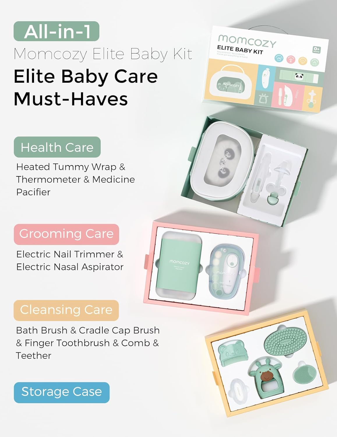 Momcozy Elite Baby Kit, Superior Baby Shower & Registry Essential Kit for Grooming & Health & Cleansing Care, Electric Nail File & Nasal Aspirator,Tummy Wrap,Thermometer,Bath Brush,Teether,Storage Bag