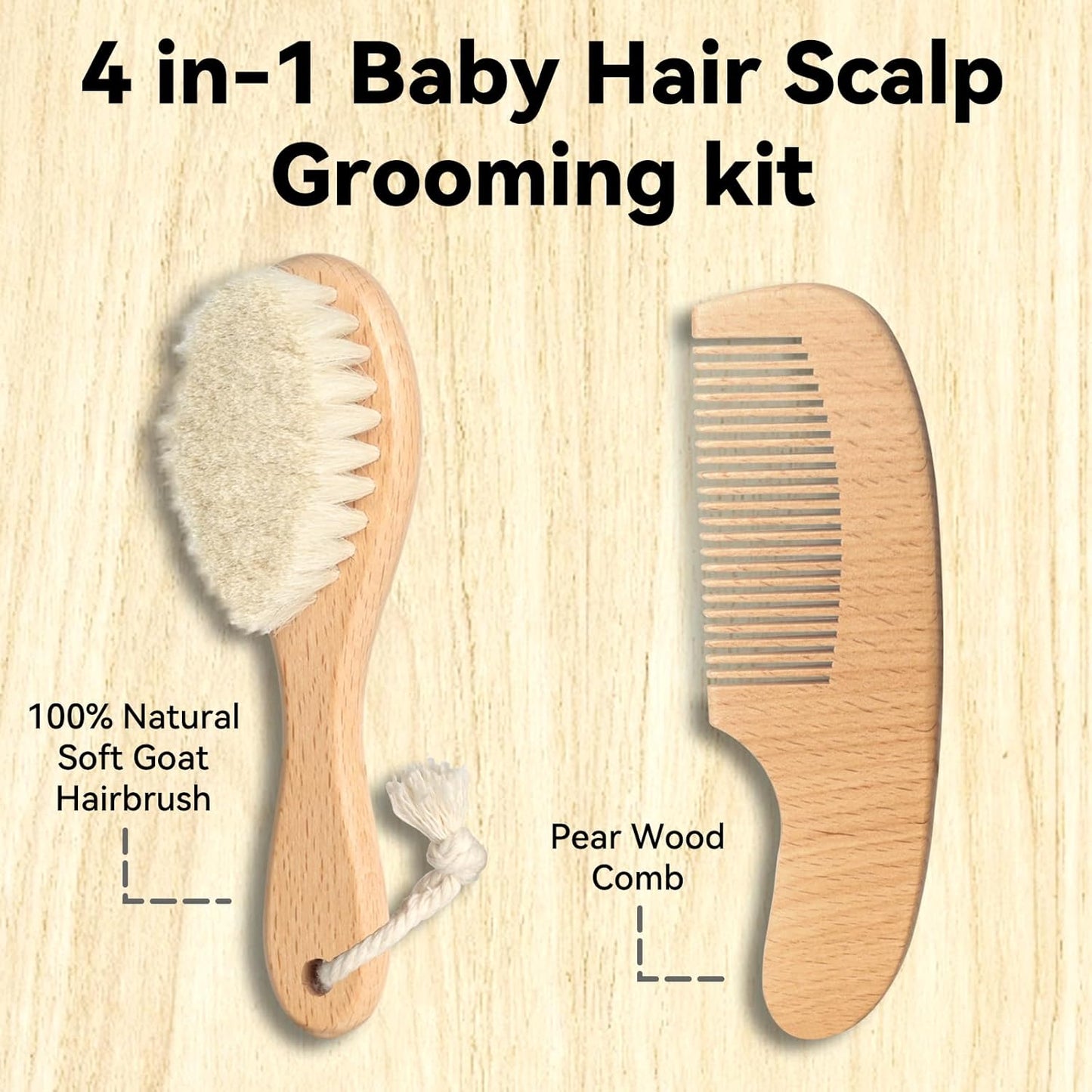 Goat Baby Hair Brush Set, Safe Natural Hair Care Kit with Wooden Soft Goat Bristles Brush Comb Pink Silicone Bath Brush for Newborns Toddlers (4pcs Set)