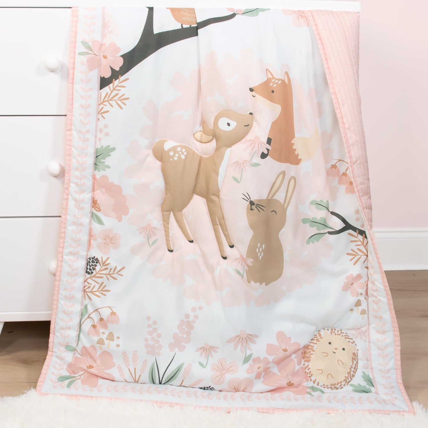 The Peanutshell 3 Piece Baby Crib Bedding Set for Girls - Newborn, Infant & Toddler Nursery Bed Set Decor with Fitted Crib Sheet, Dust Ruffle Comforter - Fairytale Forest