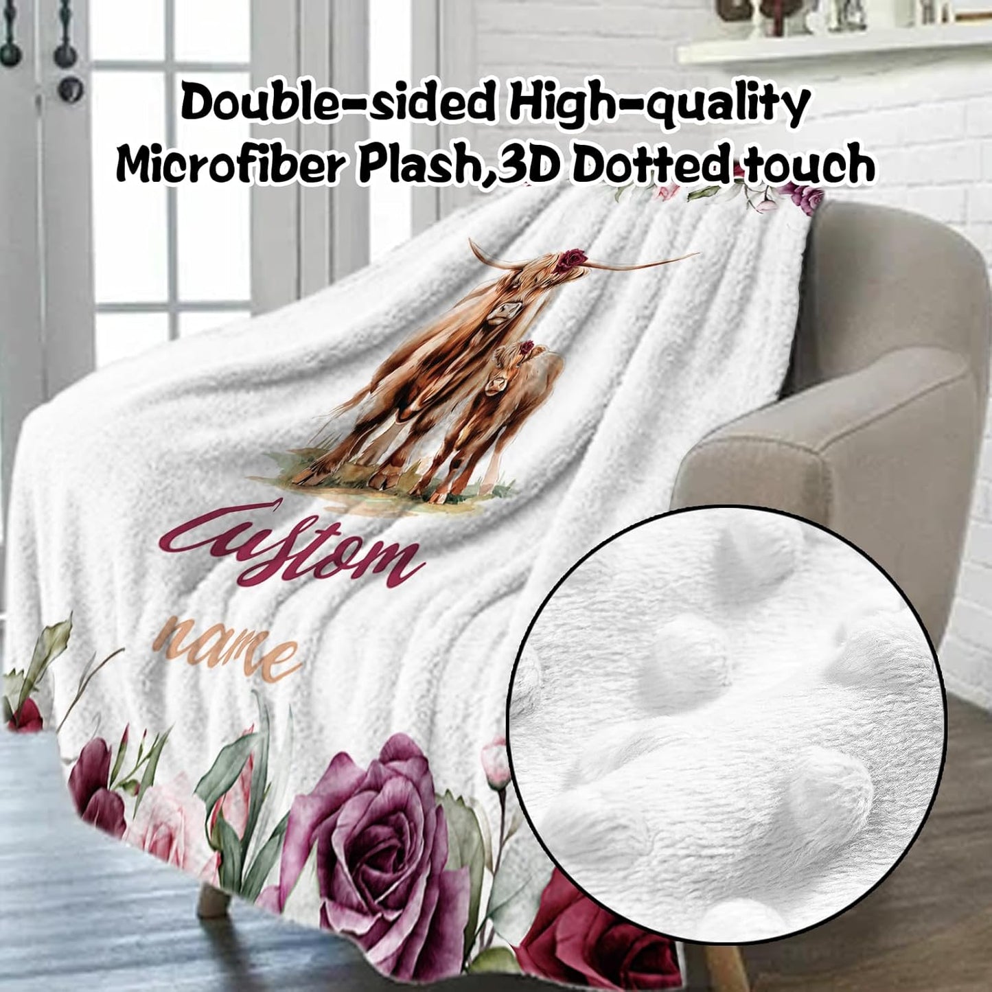 Custom Nursery Crib Bedding Set: Personalized Name 4 Piece Rose Highland Cow Design Baby Crib Sets for Girls - Toddler Double Layer Blanket Set, Comfortable Crib Bed Sheets for Baby Toddlers