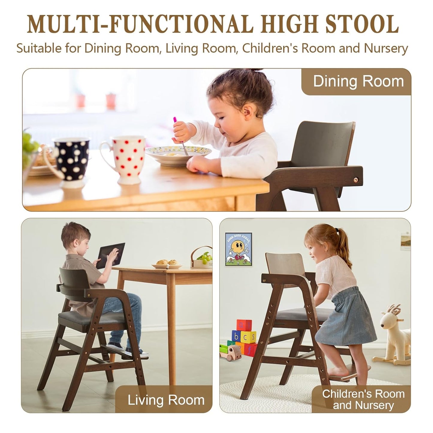 Solid Wood High Chair for Toddlers to Teens, Adjustable Height Toddler Dining Chair, Easy to Clean Toddler Highchair with Removable PU Cushion for Dining, Studying, Step Tool, Walnut