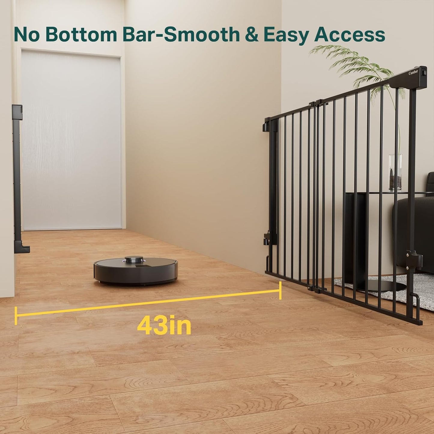 Cumbor 29.2-43" No Bottom Bar Baby Gate for Stairs, 2-in-1 Auto Close Dog Gate Indoor, Hardware Mounted Pet Gate for Doorways with Large Walk Thru Door, Child-Proof Safety Gate for Kids (Black)
