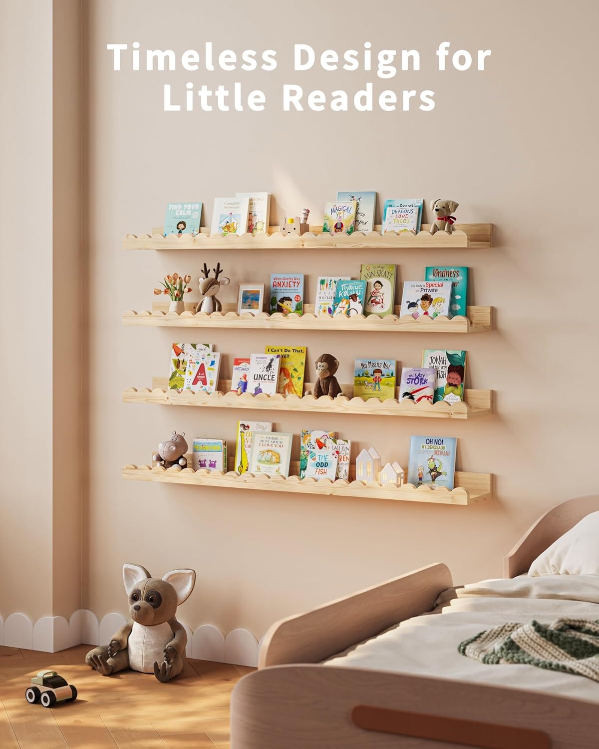 Nursery Book Shelves, 4-Pack Wood Floating Shelves for Wall Kids, Scalloped Shelves, Wall Book Shelves for Bedroom Kids, Toddler Room, Baby Room, Nursery Decor(Wood, 36 Inches)