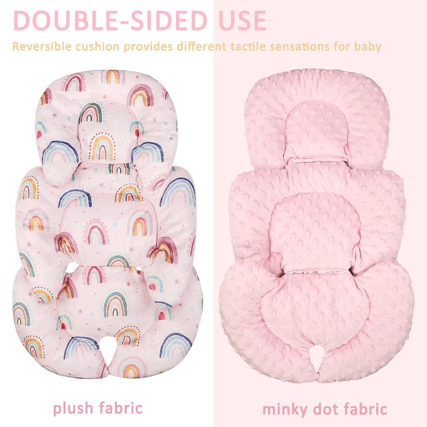 Infant Car Seat Insert, Car Seat Head Support Baby Girls Boys, Soft & Reversible Newborn Carseat Insert Cushion with 2 Strap Covers, for Stroller, Swing, Bouncer (Pink Rainbow)